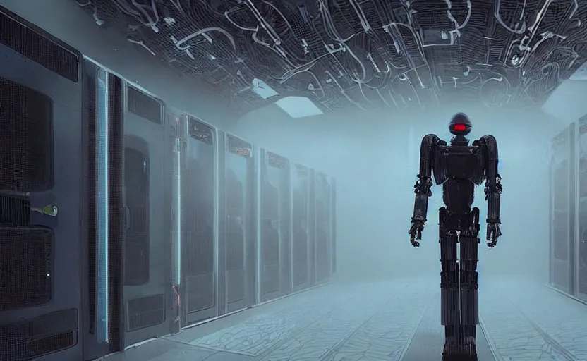 Image similar to extremely detailed cinematic movie still 3 0 7 7 foggy portrait shot of a robot in an endless data centre by denis villeneuve, wayne barlowe, simon birch, marc simonetti, philippe druillet, beeple, bright volumetric sunlight from small windows, rich moody colors