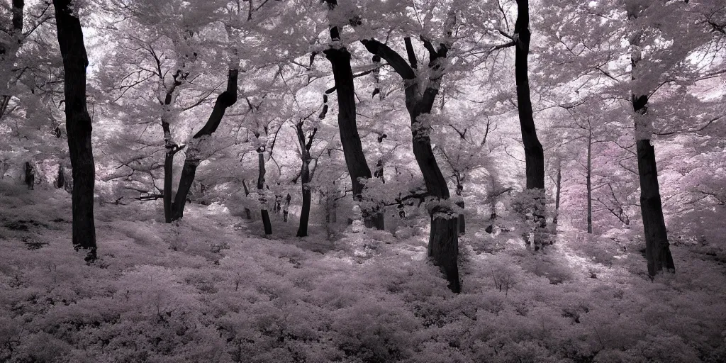 Prompt: pink infrared photography of a forest, ir 5 5 0 nm, kolari