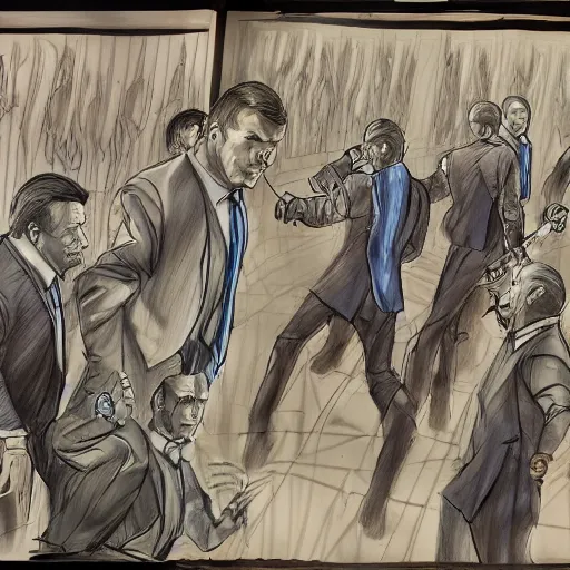 Image similar to highly detailed realistic sketch of UN members in suits yelling at a cyborg samurai, fear and anger in their eyes, colored , award winning , masterpiece on a scroll , post-processing