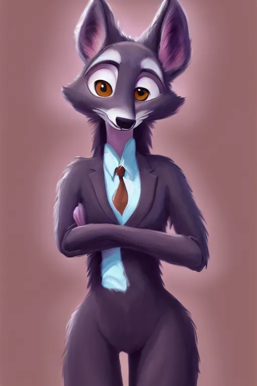 Image similar to oil painting of anthromorphic female wolf, in style of zootopia, female fursona, furry, furaffinity, 4 k, deviantart, furry art, fursona art, wearing black business suit, business suit, wolf fursona, female, smug expression,