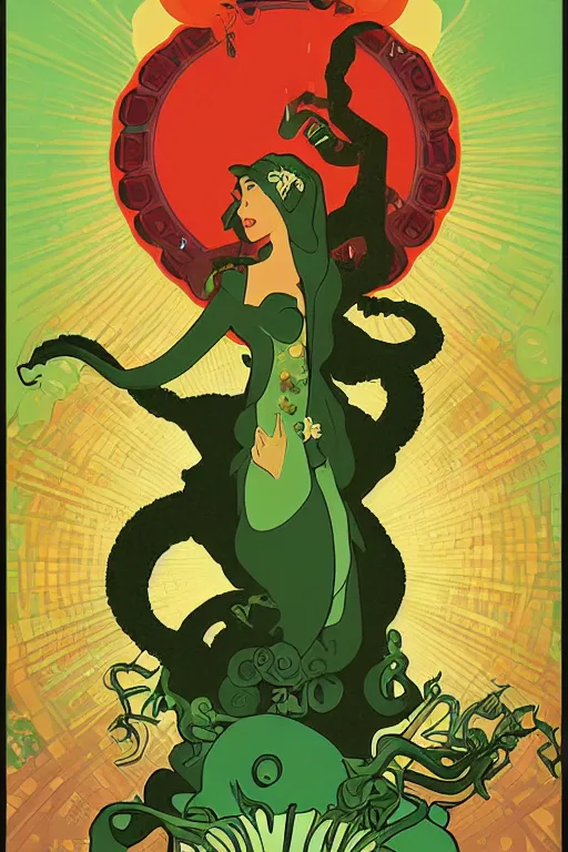 Image similar to a movie poster for the film (green monster octopus) by Tom Whalen, by Alphonse Mucha, highly detailed, fantasy, artstation