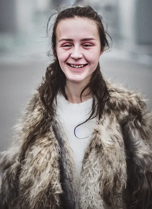 Prompt: Mid-shot portrait of a beautiful 20-year-old woman from Iceland, smile, candid street portrait in the style of Martin Schoeller award winning, Sony a7R