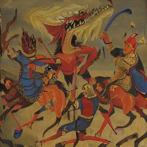 Image similar to A party of knights fighting a dragon, oil painting, 12th century