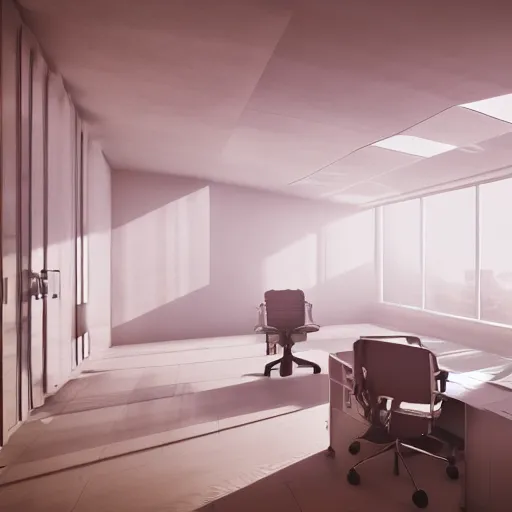 Image similar to a white empty pink office with sun rays looming down, with a pool inside, dynamic lighting, photorealistic concept art, trending on art station, stunning visuals, creative, cinematic, ultra detailed, ray tracing