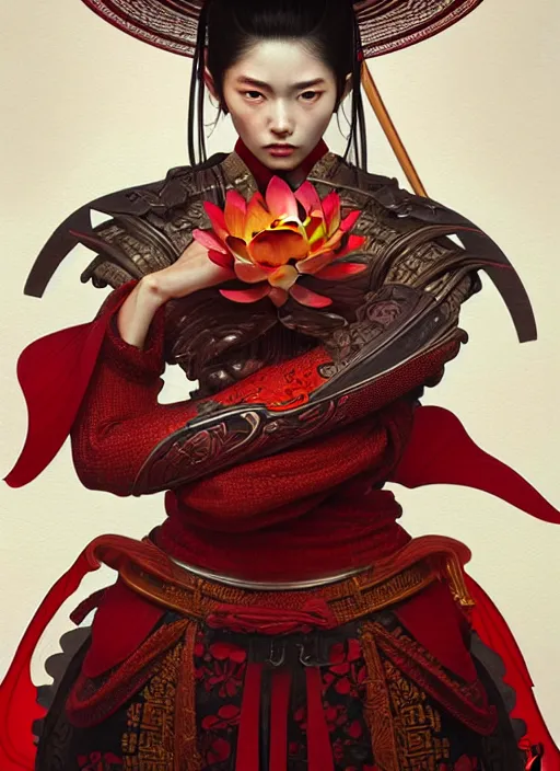 Image similar to ultra realistic illustration, portrait of a wrathful red samurai warrior woman holding a lotus flower, intricate, elegant, highly detailed, lotus flower, digital painting, artstation, concept art, smooth, sharp focus, illustration, art by artgerm and greg rutkowski and alphonse mucha and wlop