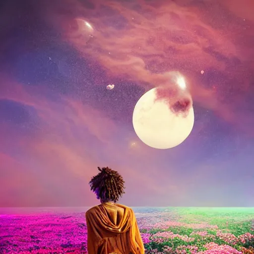 Image similar to A picture of a planet of various colors and plants, in which the human figure is dressed in something magical and impressive, inside the picture is infinity, sunset light, Atmospheric phenomenon, artistic photography, muted colors, conceptual