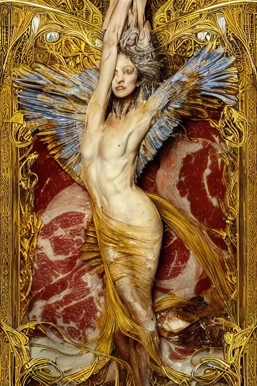 Prompt: breathtaking detailed soft painting of a flight of birds in liquid gold and gauze dress, by guillermo lorca, a liquid white water splash in bleeding meat and flesh, dynamic pose and movement, in an intricate art nouveau stained glass of meat, rembrandt style, elegant, highly detailed, artstation, concept art, matte, sharp focus,