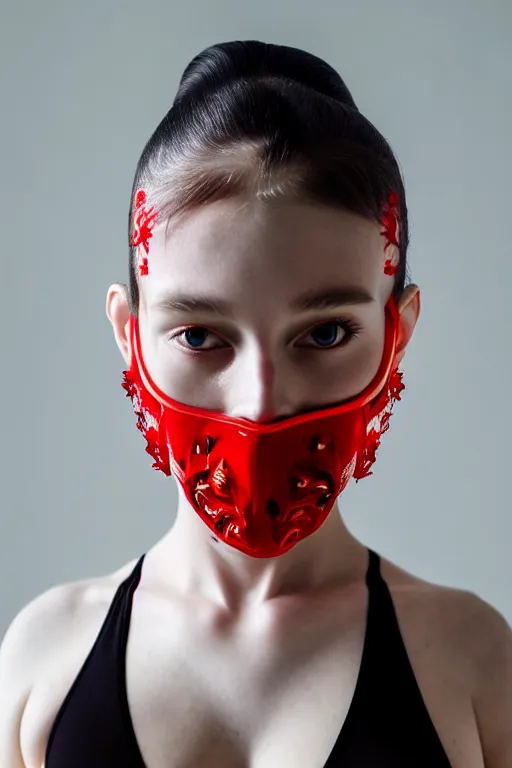 Prompt: symmetrical portrait of a woman wearing a red embroidered translucent silicone mask and black frizzy hair buns, wearing a white bodysuit, white background, soft diffused light, biotechnology, futuristic aesthetic, translucent, ethereal, intricate details, highly detailed, masterpiece,