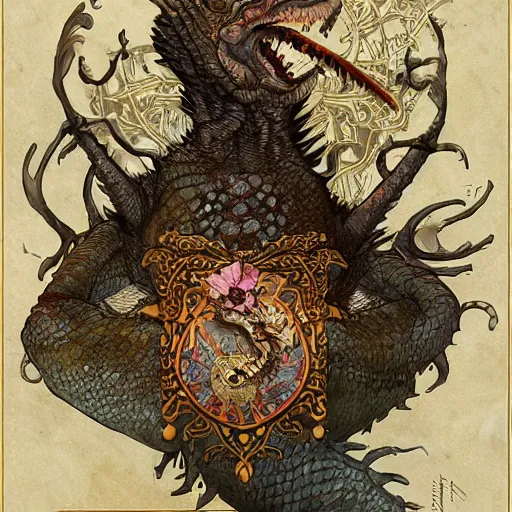 Image similar to A heraldic queen lizard with big cute eyes and a raised claw, flowers around, D&D, fantasy, intricate, cinematic lighting, highly detailed, digital painting, artstation, concept art, smooth, sharp focus, illustration, art by Akihiko Yoshida, Greg Rutkowski and Alphonse Mucha