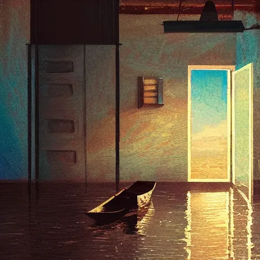 Prompt: a living room the floor of which is water, and a man coming in from the kitchen in a row boat, artwork by alena aenami