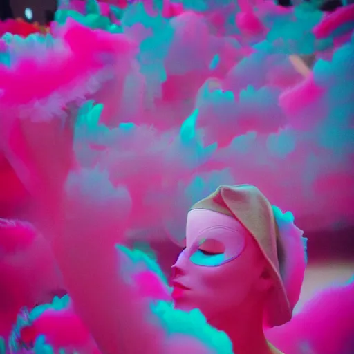 Image similar to photo of dancers made from cotton candy in big geometric MASKS, smudge, lo fi, mix, texture, lomography