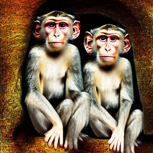 Image similar to two macaques looking at each other inside alien base, digital art, soft shadows, creepy art