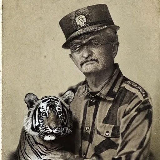 Prompt: an old photo of a general with a tiger's head