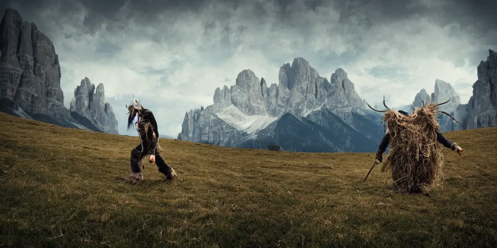 Image similar to alpine farmer transforming into hay monsters and krampus,roots and hay coat, dolomites in background, dark, eerie, despair, portrait photography, artstation, highly detailed, sharp focus, by cronneberg