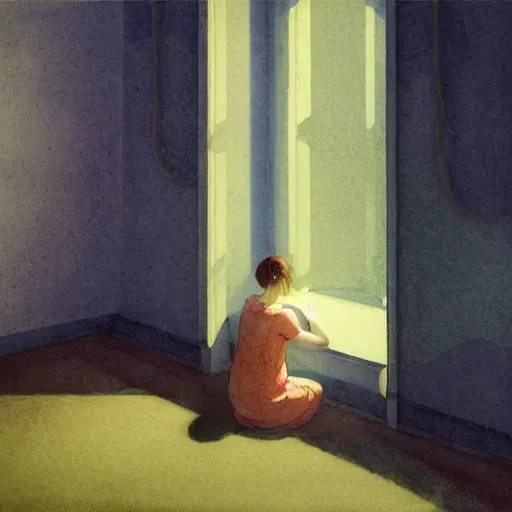 Image similar to close up of a girl in a haunted liminal abandoned room, watercolor by victo ngai, by hammershøi, art noveau, highly detailed, lights by edward hopper, liminal, eerie, bright pastel colors