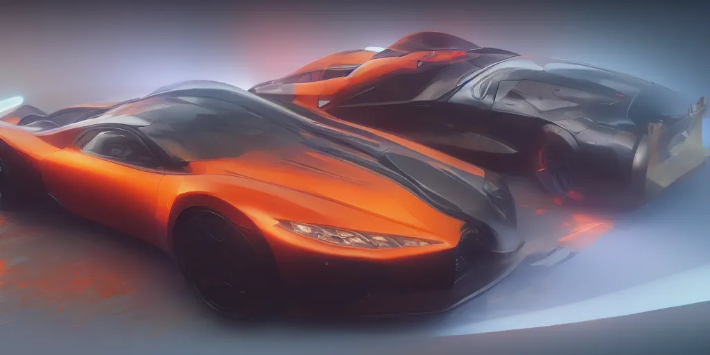 Prompt: full view of a car, painted in orange holographic pearlescent, elegant, digital painting, concept art, smooth, sharp focus, art style from Wang Ke and Greg Rutkowski and Bruce Kaiser and Scott Robertson and Dmitry Mazurkevich and Doruk Erdem and Jon Sibal, small style cue from Blade Runner