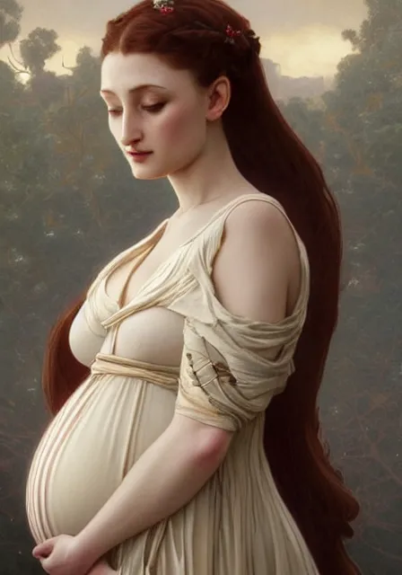 Image similar to pregnant sansa, intricate, elegant, highly detailed, digital painting, artstation, concept art, smooth, sharp focus, illustration, art by artgerm and greg rutkowski and alphonse mucha and william - adolphe bouguereau