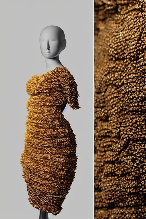 Prompt: A beautiful dress made of a bee hive, on a mannequin. High resolution, studio lighting