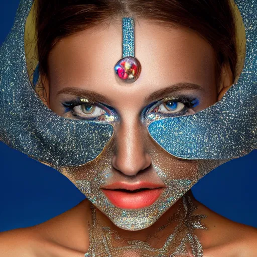 Prompt: portrait of a beautiful woman layered with futuristic high-tech jewelry wrapping around her face and head, golden-silver glow of moonlight with tiny blue, gold, and red gems scattered like dust, blue eyes wondering