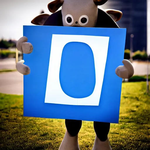 Image similar to a humanoid cow holding a sign that says'mooo ', letters coloured blue, digital art, trending on artstation and unreal engine, smooth, sharp focus, hyperdetailed