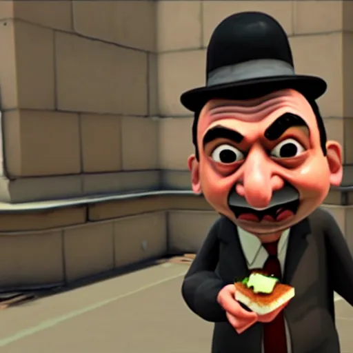 Prompt: mr. bean as heavy n team fortress 2 eating a sandwich. unreal engine, source engine, tf 2, valve