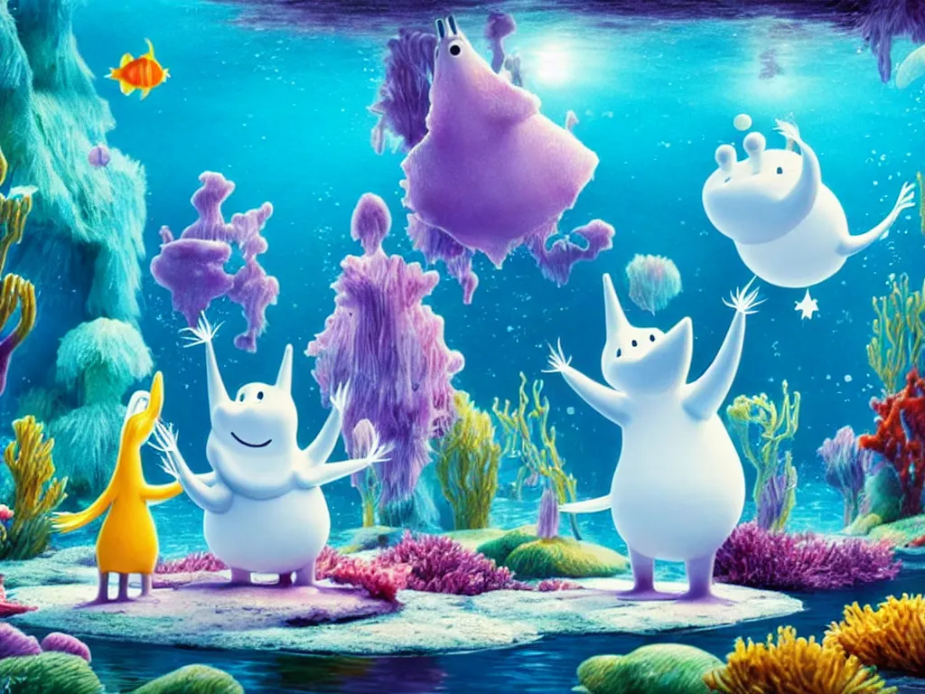 Image similar to underwater moomins discovering the water planet looking at many colorful fishes in the background, photorealistic painting, cgi, low volumetric light, movie still, very cute and cozy and fluffy and sweet