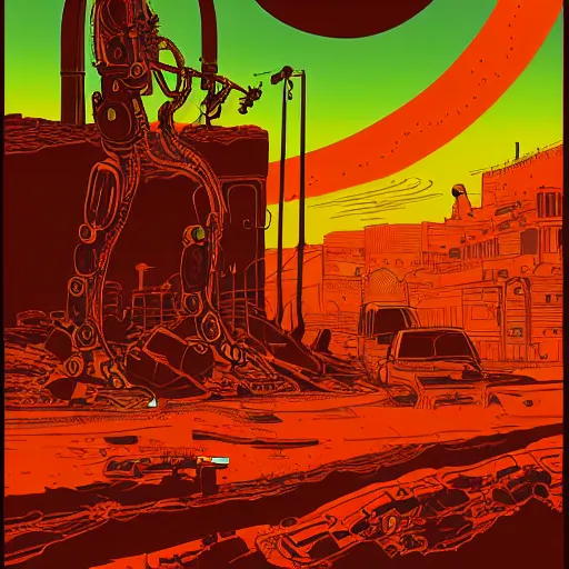 Image similar to illustration of a robot playing guitar in a ruined burning street by kilian eng, katsuhiro otomo and jean giraud moebius, biomechanical, nightime, blood moon