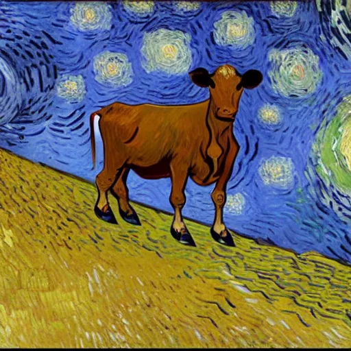 Prompt: a brown cow falling down an endless flight of stairs, van gogh painting