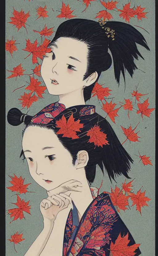 Prompt: by akio watanabe, manga art, a girl looking at the falling maple leafs, trading card front, kimono, realistic anatomy