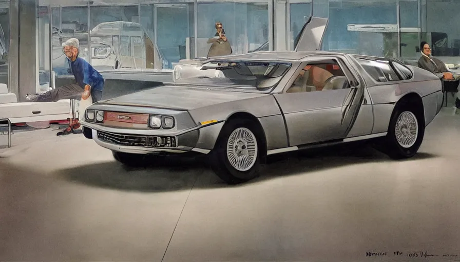 Image similar to 1955 DeLorean as designed by Ford concept by Syd Mead, full color catalog print