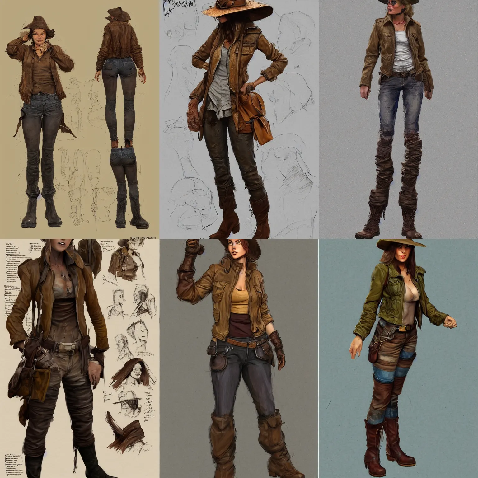 Prompt: character design, reference sheet, 40's adventurer, female, optimistic, stained dirty clothing, straw hat, heavy boots,, dusty brown bomber leather jacket, detailed, concept art, photorealistic, hyperdetailed, art by Frank Frazetta