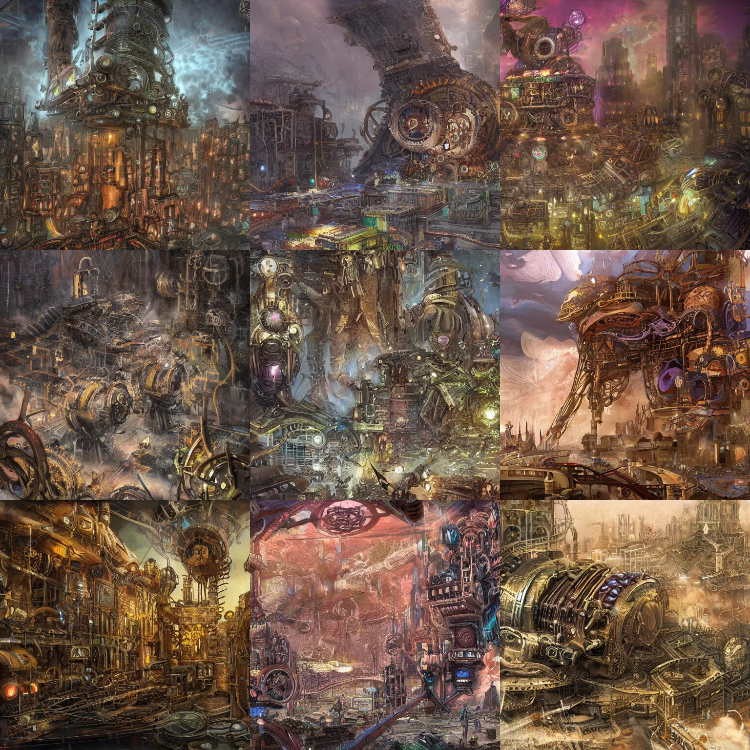 Image similar to enormous city-sized complicated steampunk machinery, psychedelic art, lovecraftian, epic, 4k, concept art, detailed