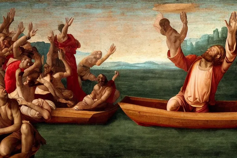 Prompt: a man lying at the back of a boat with his hands in the air, a renaissance painting by Jean Fautrier, unsplash contest winner, american romanticism, movie still, renaissance painting, film grain