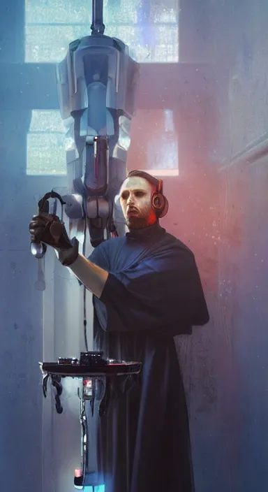 Prompt: portrait of a dj, catholic saint, with advanced robot prosthetic arm, with piercing blue eyes, dramatic light, cinematic background, depth, high detail, digital art, 4 k, painted by greg rutkowski and quentin tarantino, trending on artstation