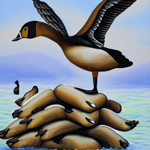 Prompt: a very intricate painting of a singing Canadian goose dancing on top of a pile of corpses, 8k, art station, award winner