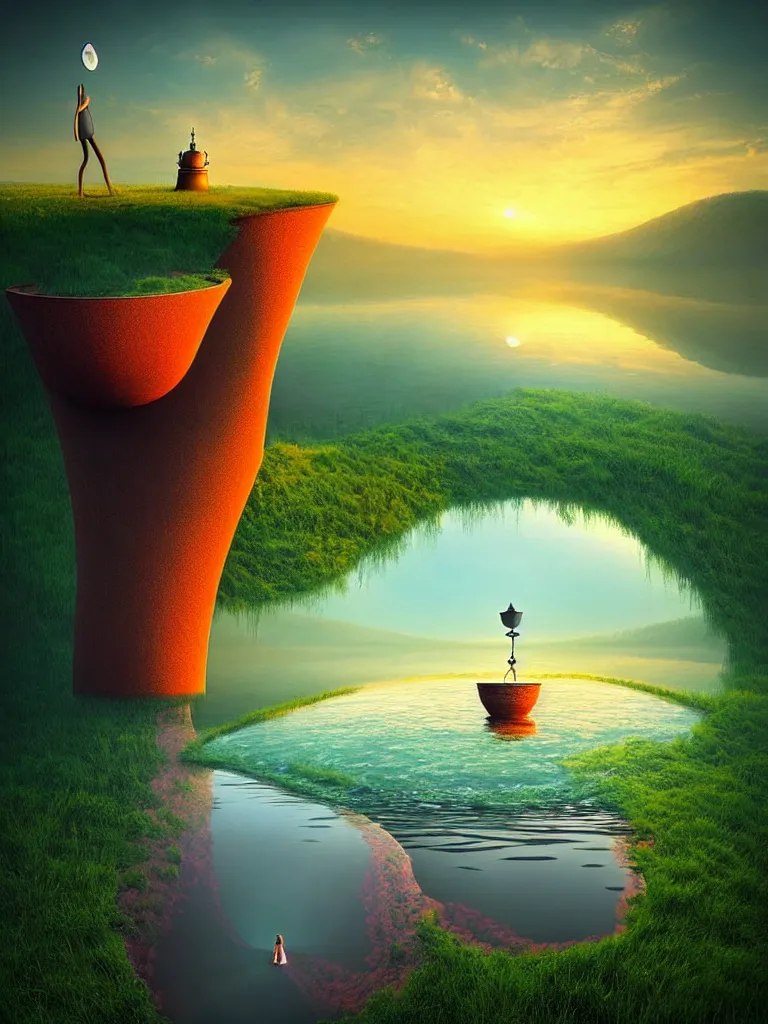 Image similar to a surreal landscape at sunset with a immense gigantic ornated iron chalice cup with a lake inside, water in excess dropping by gediminas pranckevicius