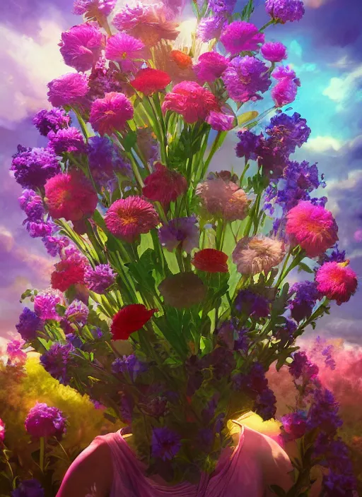 Image similar to An epic fantastic realism comic book style painting of the most beautiful flowers launched into space, bouquets, fisheye lens, unreal 5, DAZ, hyperrealistic, octane render, dynamic lighting