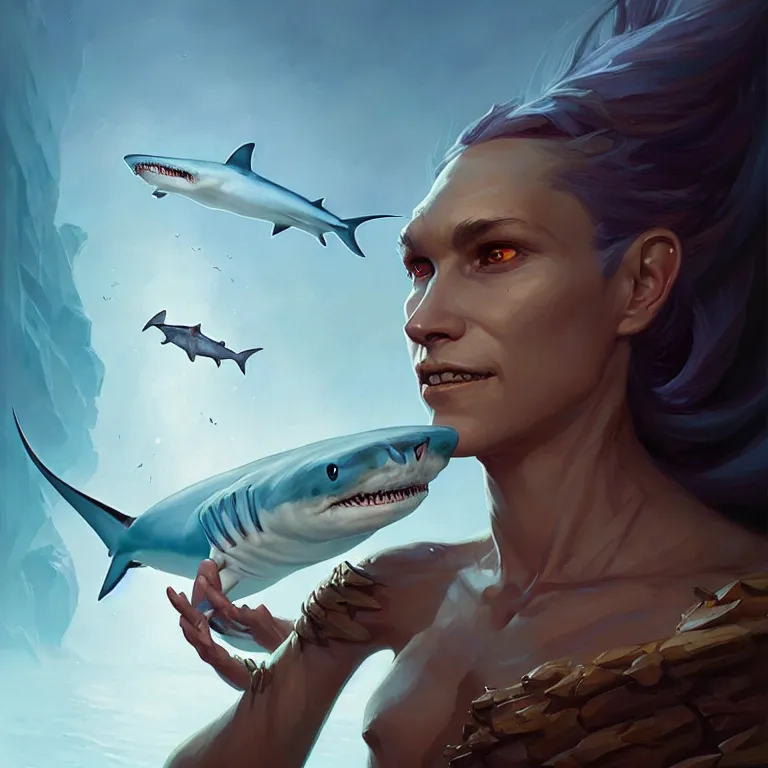 Image similar to a portrait of a stunning humanoid shark - woman revealing her shark teeth, by mandy jurgens and pete mohrbacher and and greg rutkowski, in frame, detailed facial features, fantasy, d & d, key art