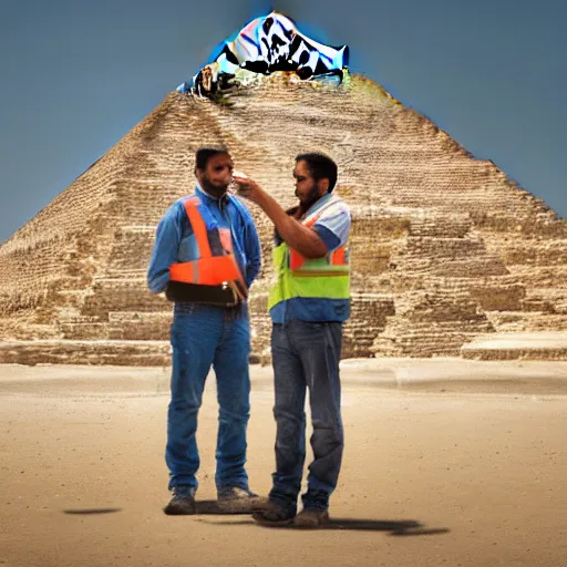 Prompt: a photograph of an egyptian engineer and a construction worker talking infront of a half constructed pyramid, dslr, high resolution