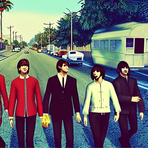 Image similar to The Beatles (1967) in GTA V, cover art by Stephen Bliss, artstation, no text