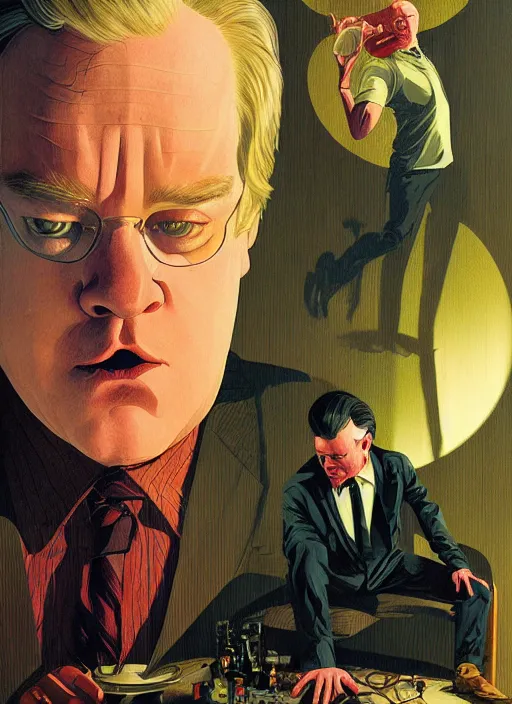 Prompt: poster artwork by Michael Whelan and Tomer Hanuka, Karol Bak of Philip Seymour Hoffman, from scene from Twin Peaks, clean