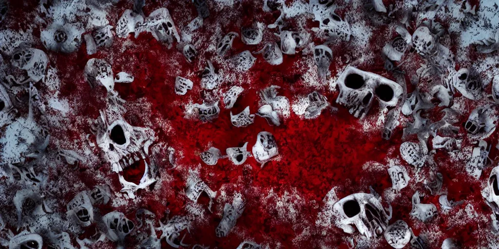 Prompt: a scary photo of a blood sea with skulls floating in it