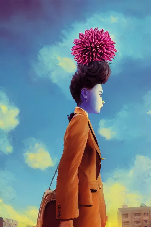 Image similar to closeup giant dahlia flower head, girl in a suit on a street, surreal photography, blue sky, sunrise, dramatic light, impressionist painting, digital painting, artstation, simon stalenhag