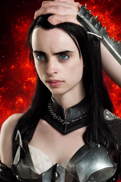 Prompt: fantasy genre character portrait photograph. half - elf female dualclassed fighter / wizard. face like krysten ritter. young thin face, pale skin, straight black hair. black armor. fully dressed in black. red sleeves, rest of clothing black. whirling enchanted chain. athletic build.