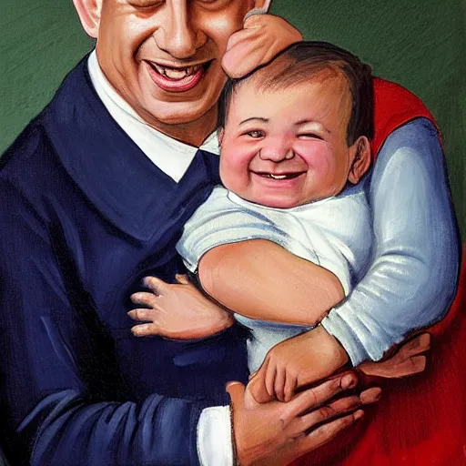 Image similar to a painting of benjamin netanyahu smiling as a baby being held by his parents, by caspar david