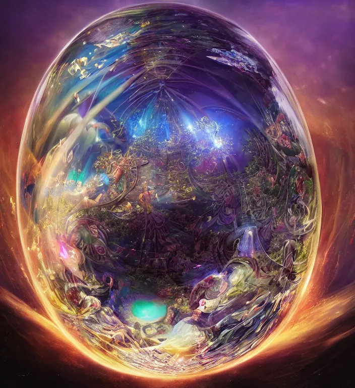 Image similar to a magical and exquisite fantasy illustration of an intricate and faceted crystal ball with a world inside of it + in water + prism + god rays + dramatic lightning + backlit + specular highlights + ambient occlusion + global illumination + bump map + reflective + caustics + refractive + unreal engine 5 + DOF + sharp focus, digital artwork by Peter Mohrbacher and Greg Rutkowski