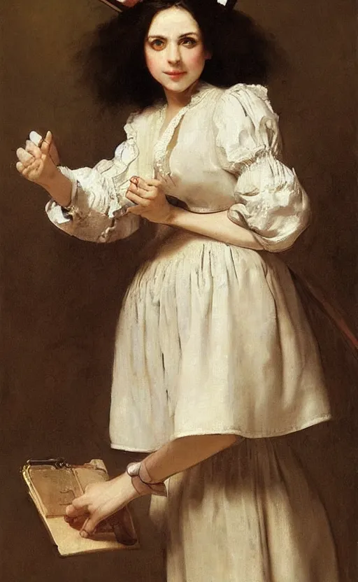 Prompt: nurse girl, nurse uniform, nurse dress, skirt, nursing, white skirt, white blouse, battle angel alita. by rembrandt 1 6 6 7, illustration, by konstantin razumov, by william - adolphe bouguerea
