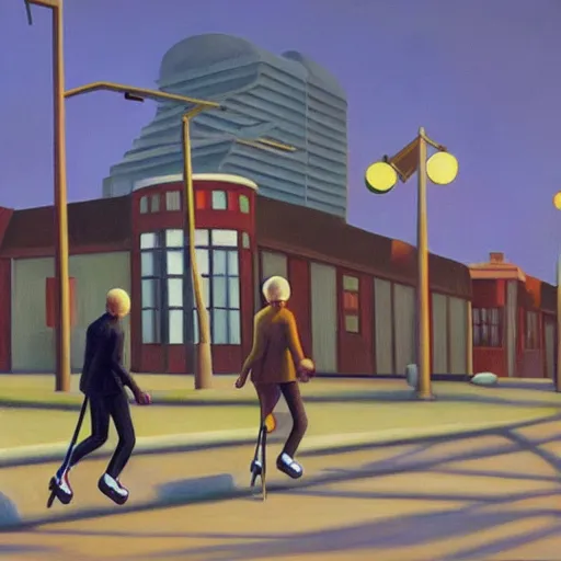 Image similar to spiders on rollerblades, grant wood, pj crook, edward hopper, oil on canvas