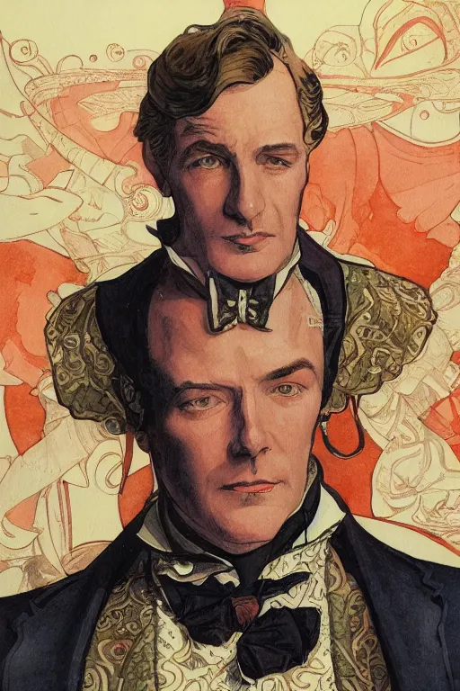 Image similar to zoomed out portrait of a duke, victorian era, art deco style, stylized illustration by moebius and juan gimenez, watercolor gouache detailed paintings in style of syd mead, ridley scott, metabaron, mucha, ghibli studio and disney vibe, vivid colorful comics style, clean line, diesel punk, artstation