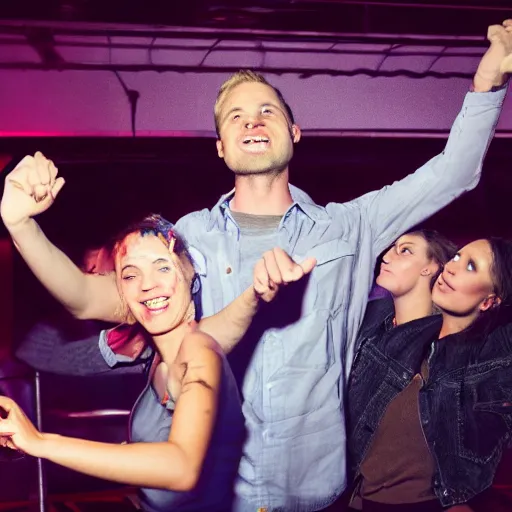Prompt: photo of a 3 2 year old white man living thinking he's living the best life possible. he looks young for his age. he is at a dance club, it's as if he were in a music video. young woman are flocking to him and can be seen dancing around him in a seductive manner.